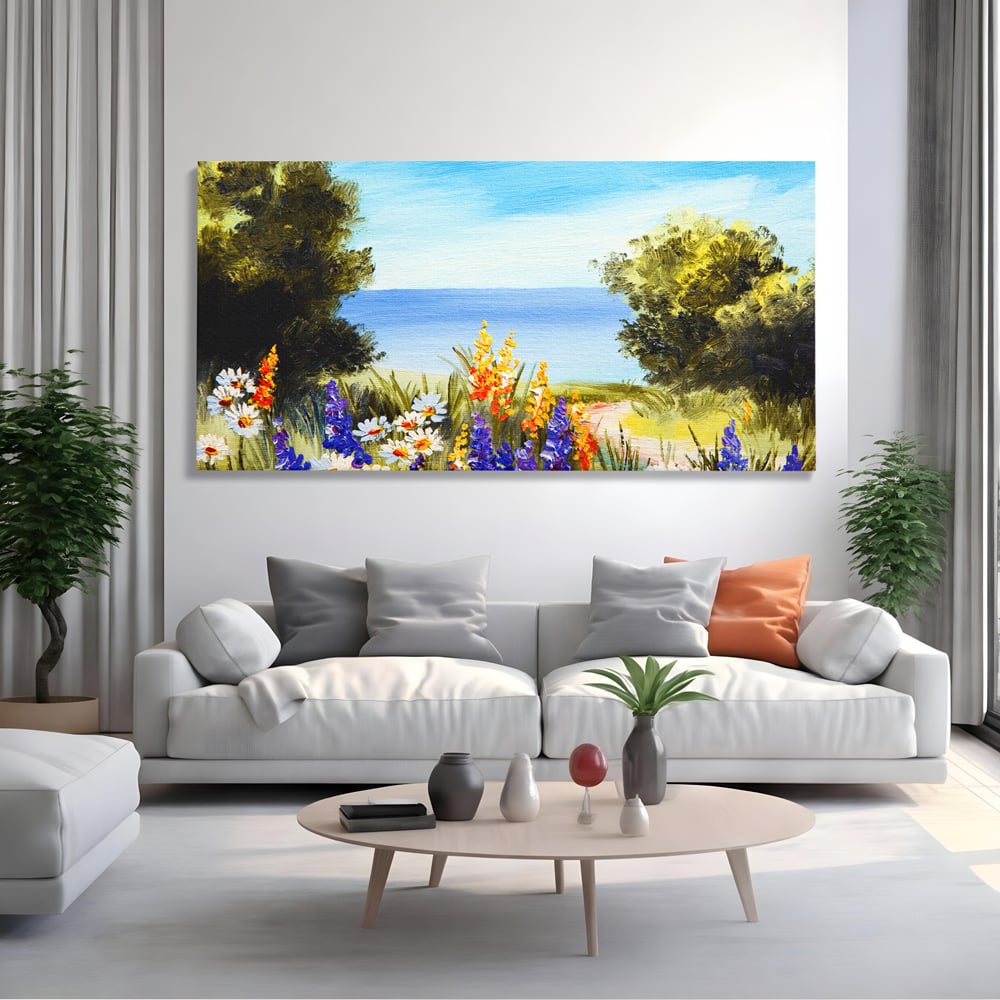 Tablou canvas cu tablou canvas cu peisaj marin si flori de camp, fara rama, pe sasiu de lemn, pe perete intr-un living